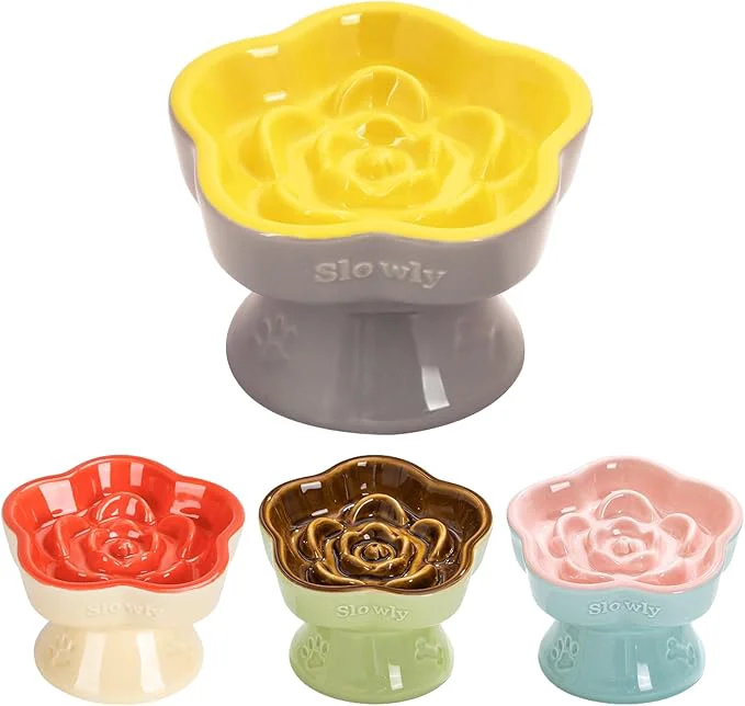 Authentic S Q's CERAMICS Raised Slow Feeder Cat Bowl Ceramic d Food Bowl Small Dogs Slow Feeder Flower Shaped Cute Pet Dish for Dry and Wet Food Yellow 5.8 About ThisOverview High-End