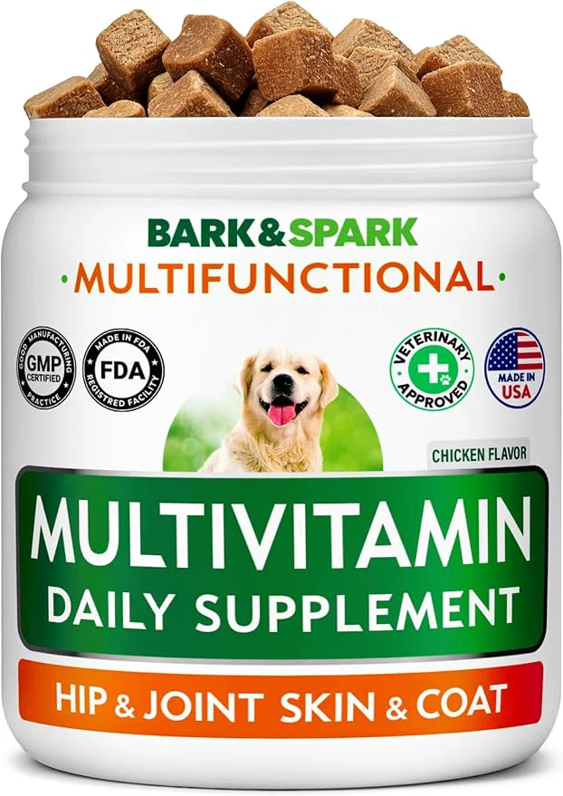 Premium Material BARK SPARK Dog Multivitamin Chews Glucosamine Chondroitin with Omega 3 Digestive Enzymes Probiotics Vitamins and Supplements for Dogs Pet Skin Coat Joint Gut Health Support - 120ctAbout This Smart