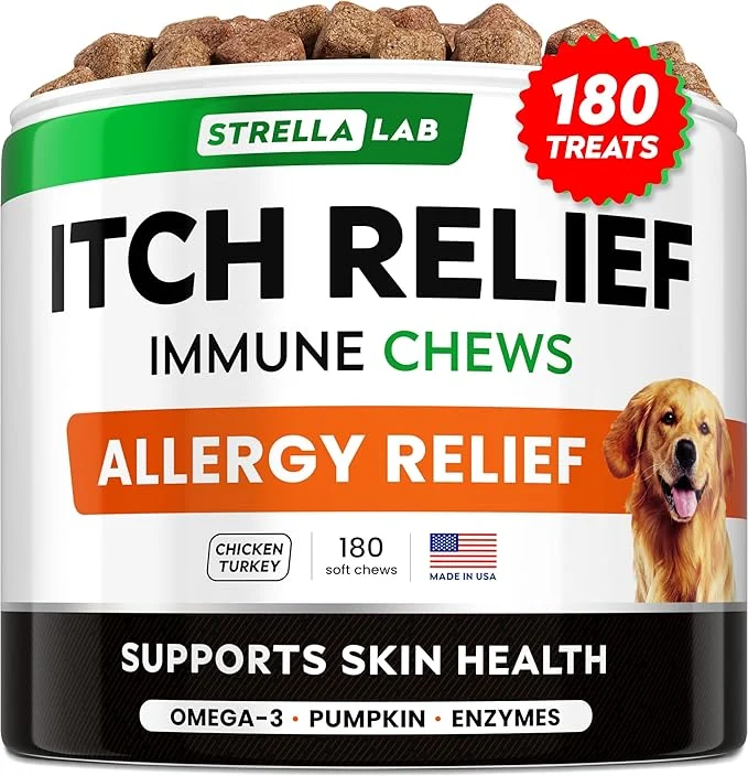 Verified StrellaLab Dog Allergy Relief Anti Itch Support Chews w Omega 3 Pumpkin Enzymes Turmeric Ingredients Taste Skin Coat Immune Supplement w Fish Oil - Made in USA - 180Ct - ChickenAbout This Outstanding