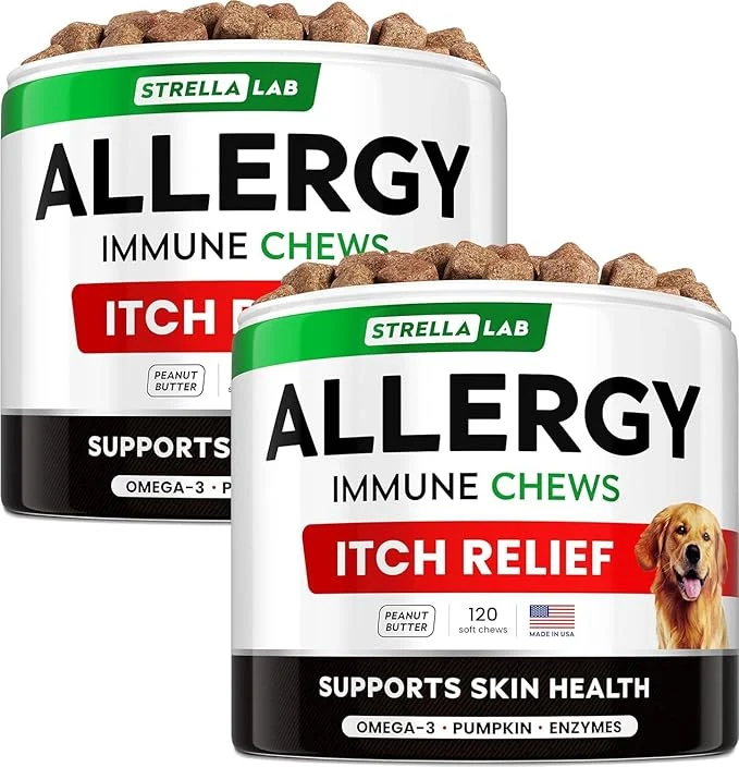 Secure StrellaLab Dog Allergy Relief Anti Itch Support Chews w Omega 3 Ingredients Taste Skin Coat Immune Supplement w Fish Oil Pumpkin Enzymes - Made in USA - 240 ChewsAbout This Next-Generation