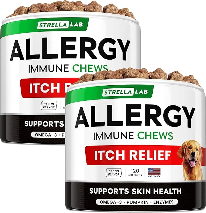 Exceptional StrellaLab Dog Allergy Relief Anti Itch Support Chews w Omega 3 Ingredients Taste Skin Coat Immune Supplement w Fish Oil Pumpkin Enzymes — Developed by Experts - Made in USA -240CtAbout This Original