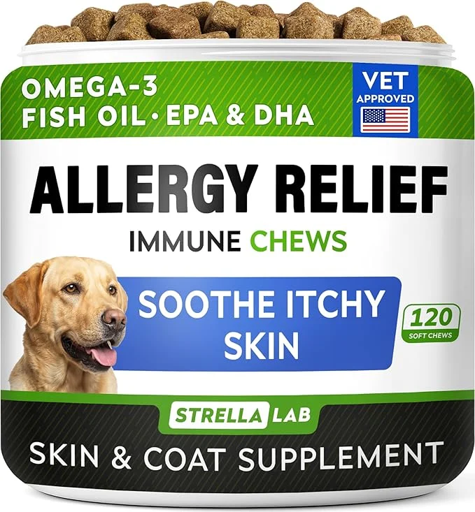 Pure StrellaLab Dog Allergy Relief Anti Itch Support Chews w Omega 3 Ingredients Taste Skin Coat Immune Supplement w Fish Oil Pumpkin Enzymes — Developed by Experts - Made in USA -120CtAbout This Carefully Designed