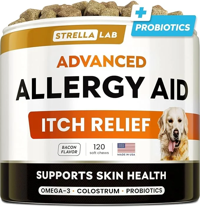 Long-Lasting StrellaLab Dog Allergy Relief Anti Itch Support Chews w Omega 3 Ingredients Taste Skin Coat Immune Supplement w Fish Oil Pumpkin Enzymes — Developed by Experts - Made in USA -120CtAbout This Official