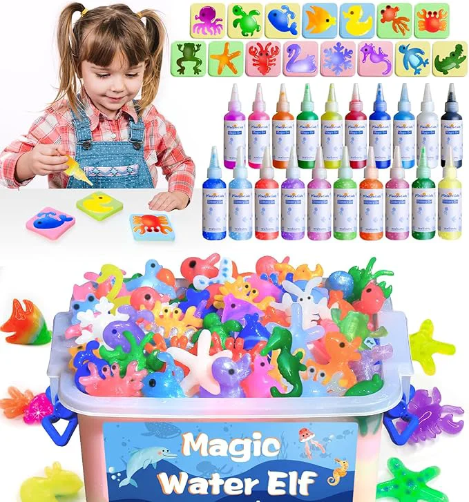 Flexible MINISENTIALS Water Elf Toy Kit - 20 Colors Aqua Art Gel 100ml Jumbo Size Famliy Set - 15 Sea Creature Molds Fairy Squishy Maker - Party Favor Birthday Christmas Gift for KidsAbout ThisOverview Soft