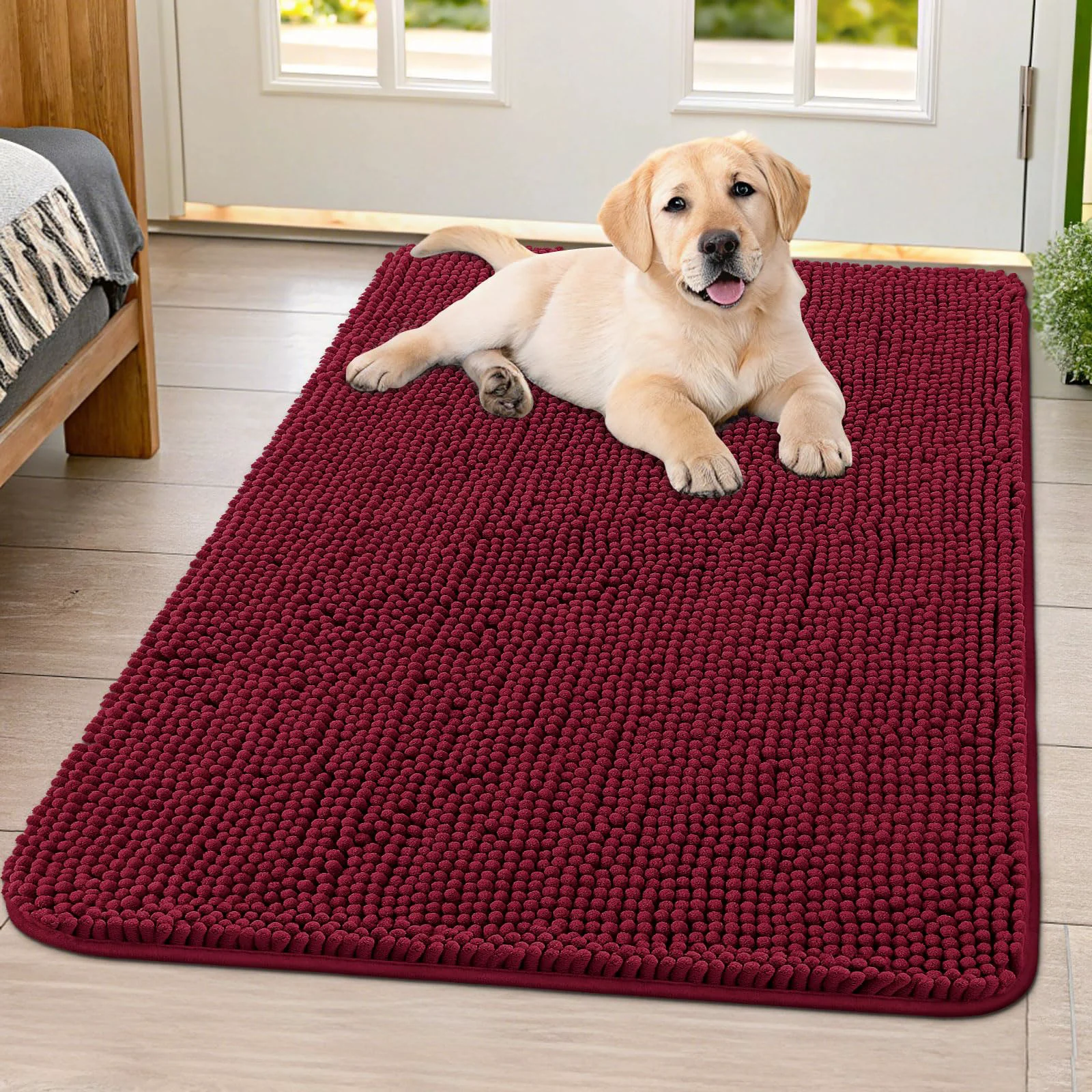 Top-Quality Smiry Dog Door Mat for Muddy Paws – 40x32 Absorbs Moisture Dirt Non-Slip Burgundy Practical