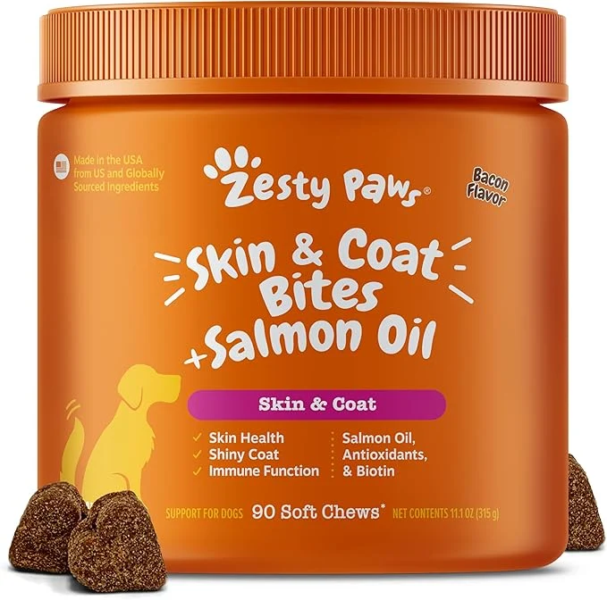 Authentic Zesty Paws Salmon Oil for Dogs Skin and Coat Omega 3 Fish Oil Chews Dog Allergy Relief Chews Itch Relief Supplement 90 Count Bacon FlavorAbout ThisOverview Reliable