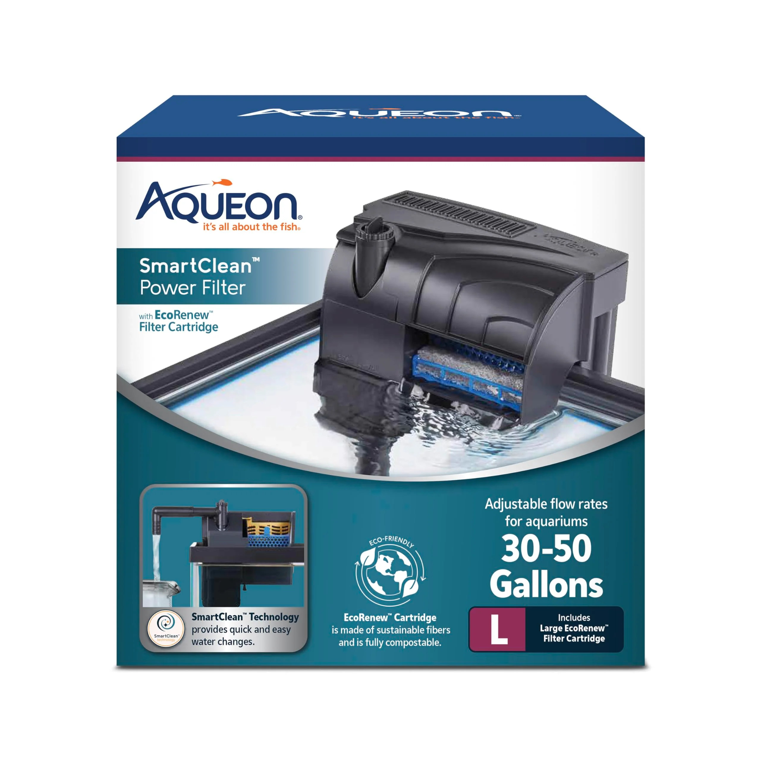 Breathable Aqueon SmartClean Power Filter EcoRenew Cartridge — 30-50 Gallon Freshwater Saltwater Casual