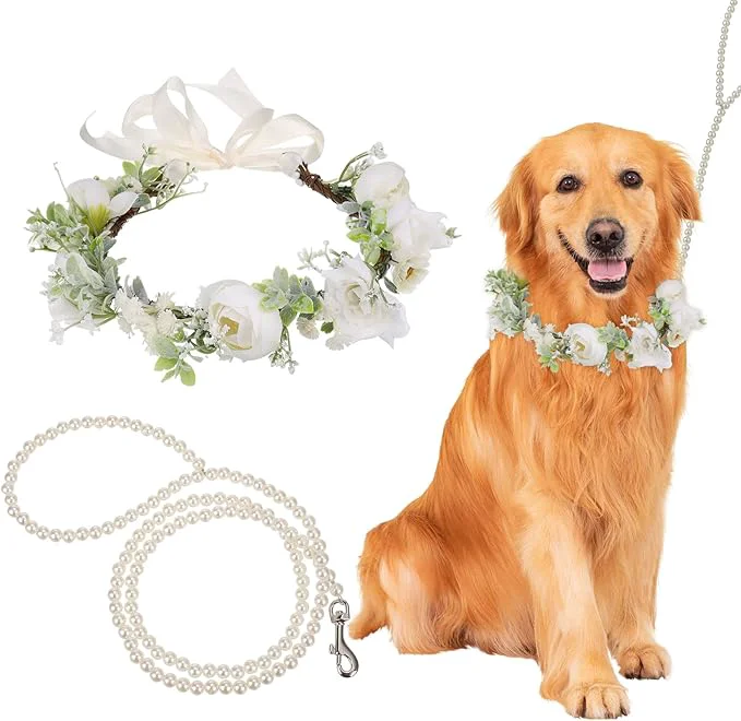 Fast Dog Wedding Flower Collar with Pearls Beaded Leash Elegant Dog Flower Headband Dogs Wedding Attire Wreath Bow Pet Photo Prop Large About ThisOverview Smart