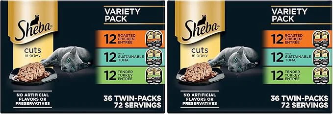 Green Sheba Portions Wet Cat Food Cuts in Gravy Roasted Chicken Entree with Sustainable Tuna Tender Turkey Entree 2.6 oz. Twin-Pack Trays 72 Servings 36 Count Pack of 2 About This Quality