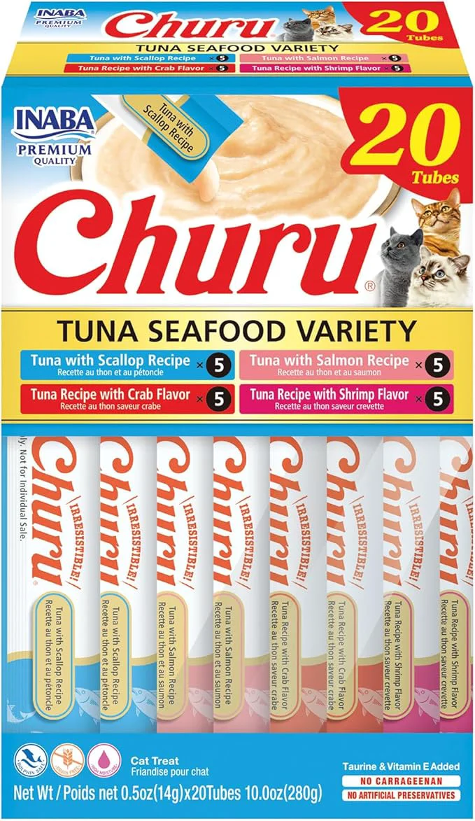 Classic INABA Churu Cat Treats Lickable Squeezable Creamy Purée Cat Treat with Green Tea Extract Taurine 0.5 Ounces Each Tube 20 Tubes Tuna Seafood Variety BoxAbout This Consistent