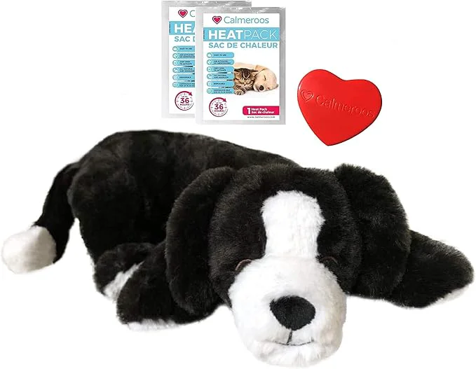 Flexible Puppy Heartbeat Toy Sleep Aid with 2 Long-Lasting Heat Packs Last 36 Hours Each Puppy Anxiety Relief Soother Dogs Cuddle Calming Behavioral Aid for Pets Black and White About This