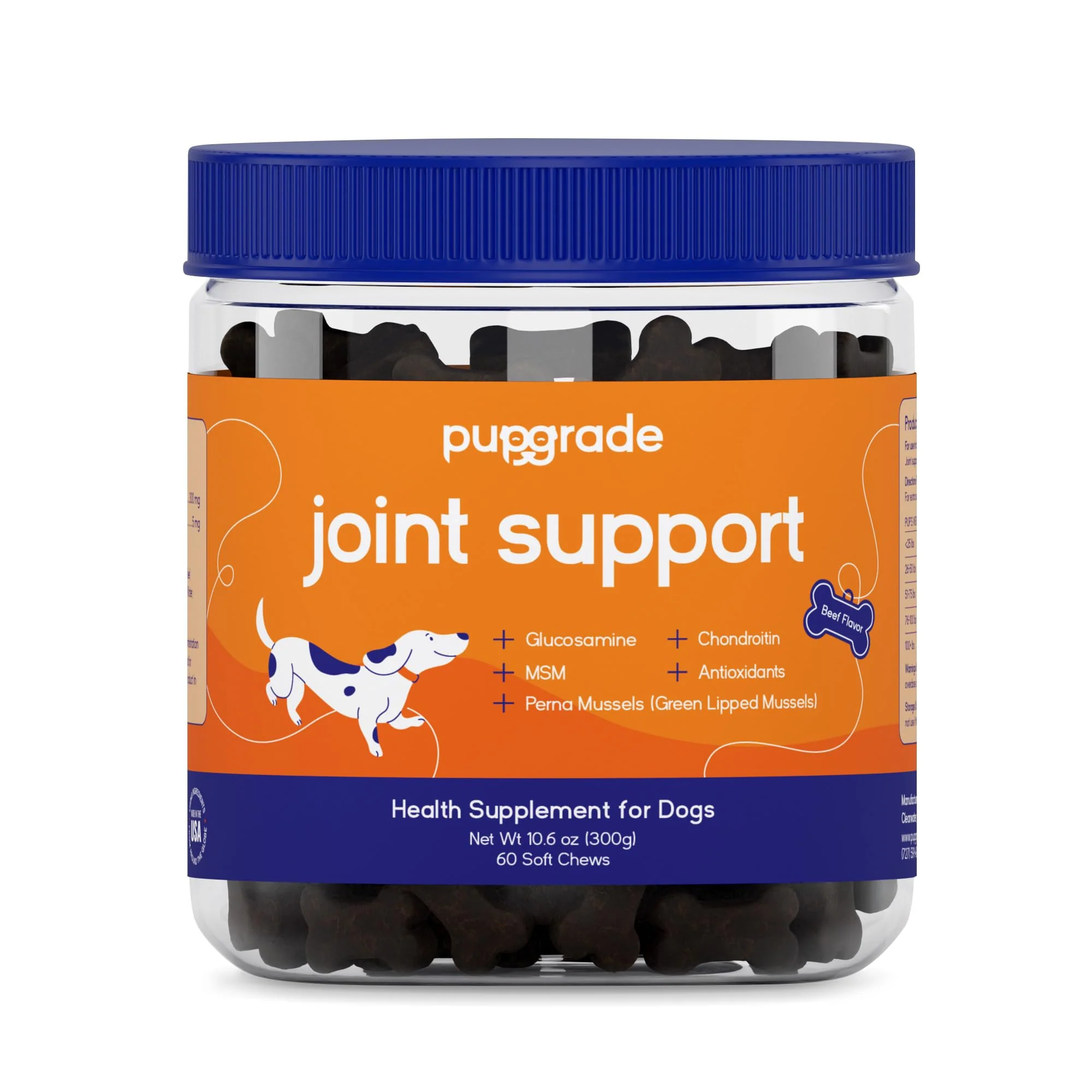 Convenient PupGrade Joint Support for Dogs - Glucosamine Chondroitin with MSM Hip Joint Care - 60 Beef-Flavored Chews - USA Tested Healthy