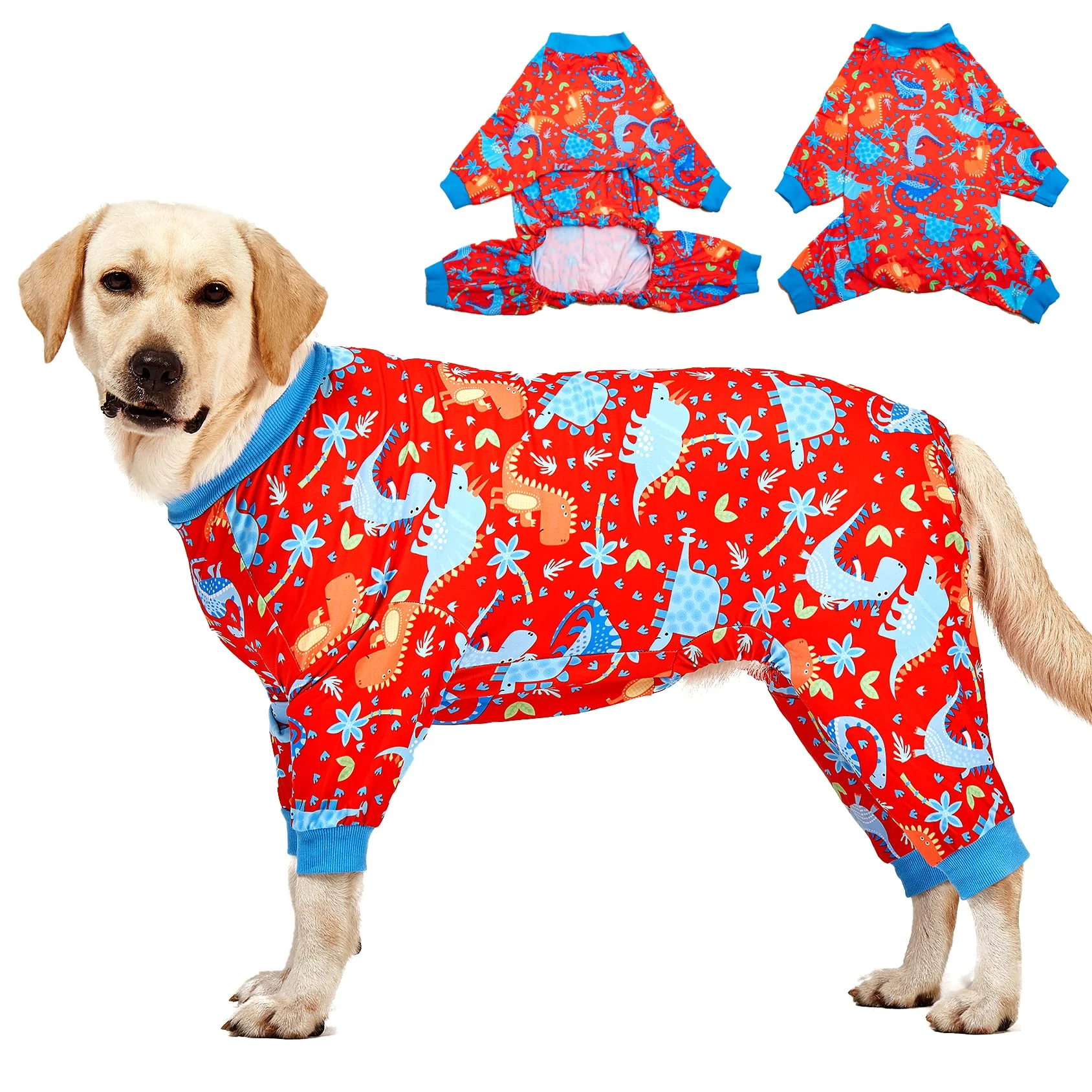 High-Performance LovinPet Pitbull Pajamas - Large Dog Onesie Dinosaur Jungle Red Print 3XL Practical