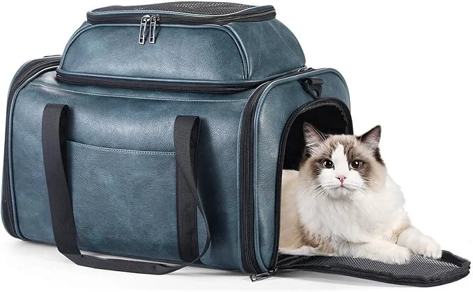 Authentic Premium Leather Top Expandable Pet Carrier for Small Dogs Cats Under 15 lbs Airline Collapsible Soft-Sided Luxury Travel Bag BlueAbout ThisOverview Carefully Designed