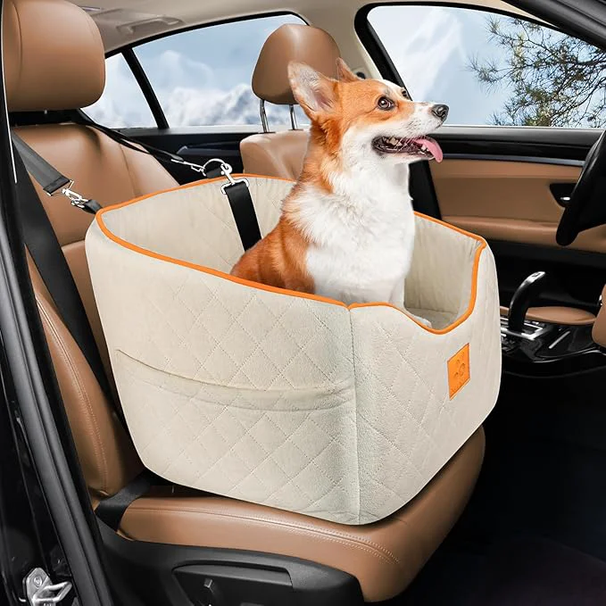 Authentic Dog Car Seat for Small Dogs Memory Foam Booster Dog Seat for Dogs up to 35 lbs d Pet Car Seat Travel Safety Pet Seat with Washable Removable Cover Storage Pockets Beige About ThisOverview Certified