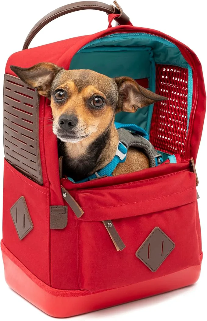 Sustainable Kurgo Nomad Carrier Backpack - Airline Dog Bag for Travel - Stylish Pet Backpack with Waterproof Bottom - Lightweight for Hiking - Small Breed Dog Carrier with Tablet Sleeve - RedAbout ThisOverview Refined
