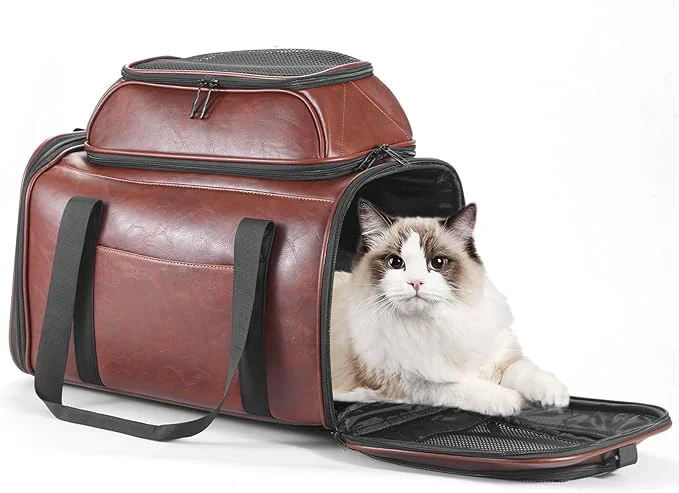 Practical Premium Leather Top Expandable Pet Carrier for Small Dogs Cats Under 15 lbs Airline Collapsible Soft-Sided Luxury Travel Bag CoffeeAbout ThisOverview Efficient