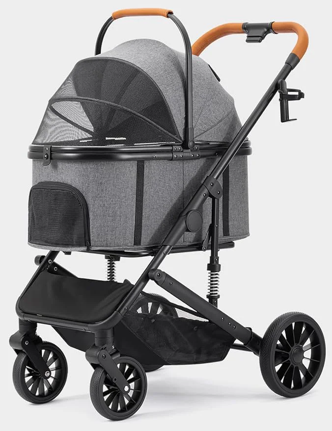 Superior Dog Stroller for Small Medium Dogs Up to 60lbs 4 Wheels Folding Pet Stroller with Detachable Carrier Pet Travel Carrier for 2 Dogs Cats Storage Basket Breathable GreyAbout ThisOverview Elite