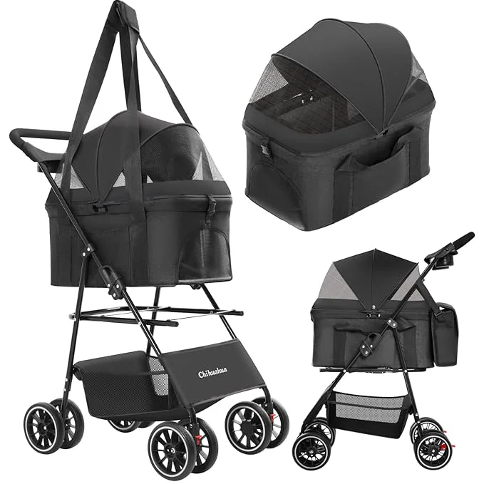 Verified 2-in-1 Foldable Pet Stroller with Canopy 4 Wheels Pet Strolling Cart for Small Medium Dogs and Cats with Removable Carrier Breathable Mesh Mom Tote Bag Cup Holders Easy Assembly BlackAbout ThisOverview Effective