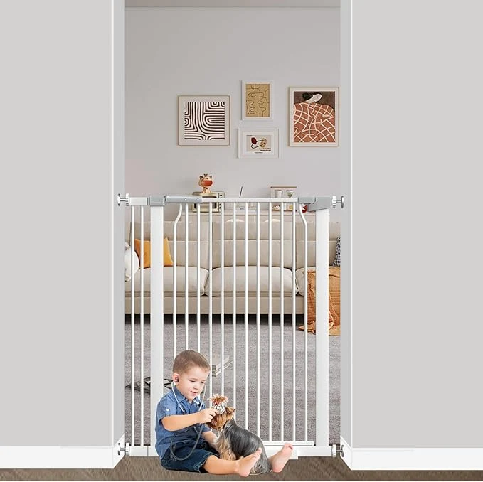 Durable 40.55 Extra Tall Baby Gate for Stairs-29.6 -34 Wide 1.37 Ultra Narrow Spacing Extra Wide Pet Cat Gate Dog Gate-Auto-Close Pressure Mounted Dog Door for Pets and Kids WhiteAbout ThisOverview First-Class