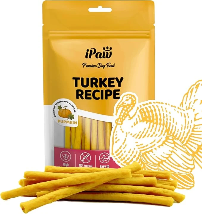 High-Quality iPaw Turkey Dog Treats All Natural Human Grade Dog Treat Suitable for Training chew US Sourced Raw Material Hypoallergenic Rawhide Thin Stick Pumpkin About This Original Design