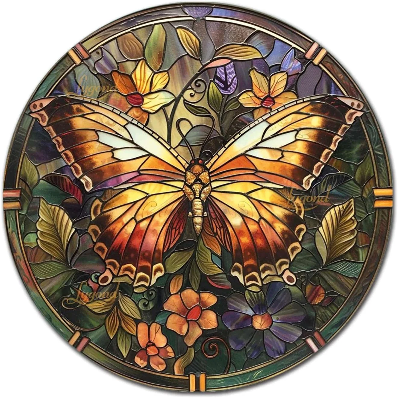 Dependable Lygond Metal Sign Tin Sign Circular Stained Glass Butterfly Wall Art for Club 12×12 Inches Elite