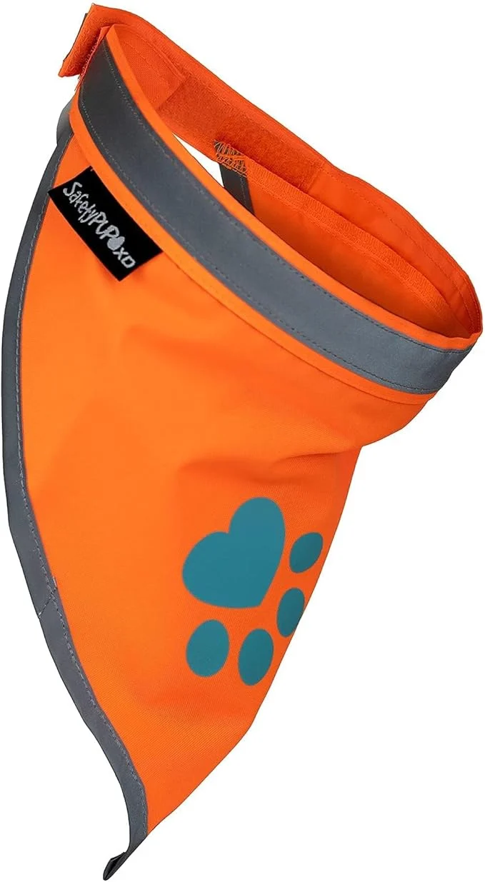 Flexible Bandana for Dogs. Blaze Orange Dog Scarf with Reflective Elements is a Pet Bandana Collar for Girl and Boy Dogs. Enhance Your Dog Walking Accessories with Our High-Visibility HandkerchiefAbout ThisOverview High-End