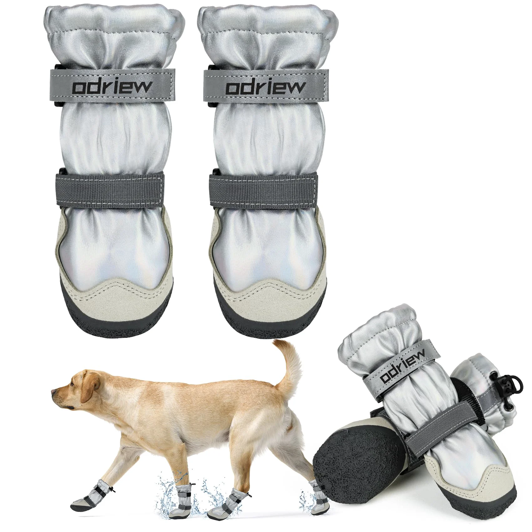 Lightweight ODRIEW Large Dog Shoes – 4-Pack Waterproof Boots with Reflective Straps Anti-Slip Soles Secure