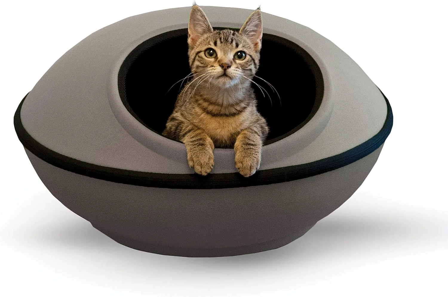 Trendy K H Pet Products Unheated Kitty Mod Dream Pod Cat Bed for Large Cats or Small Dogs Indoor Covered Privacy Cave Collapsible Easy Clean Washable Cushion - Unheated Round 22in Gray Black Safe