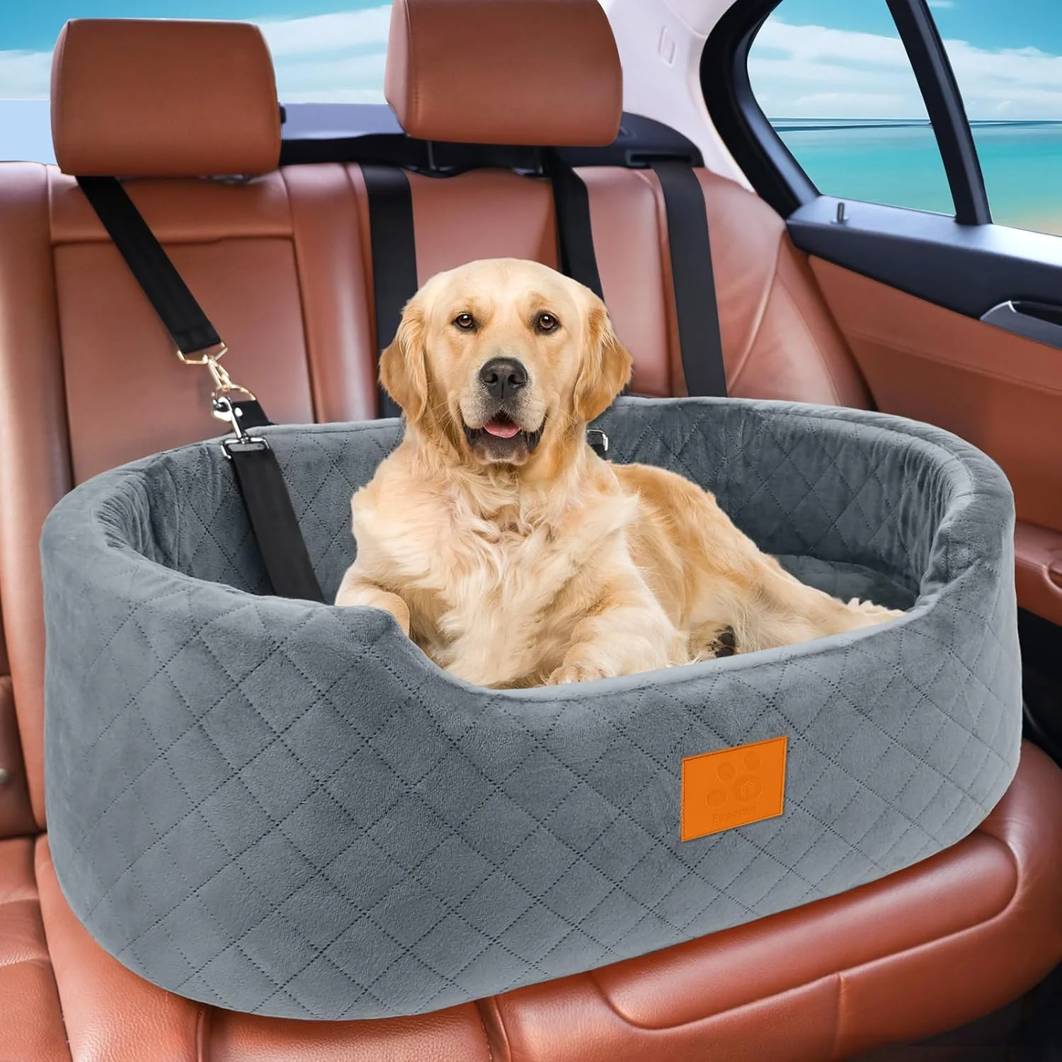 Clean Dog Car Seat for Medium Large Dogs up to 55 lbs d Booster Seat with Anti-Slip Base Detachable Machine-Washable Pet Car Bed for SUV Sedan Gray Organic