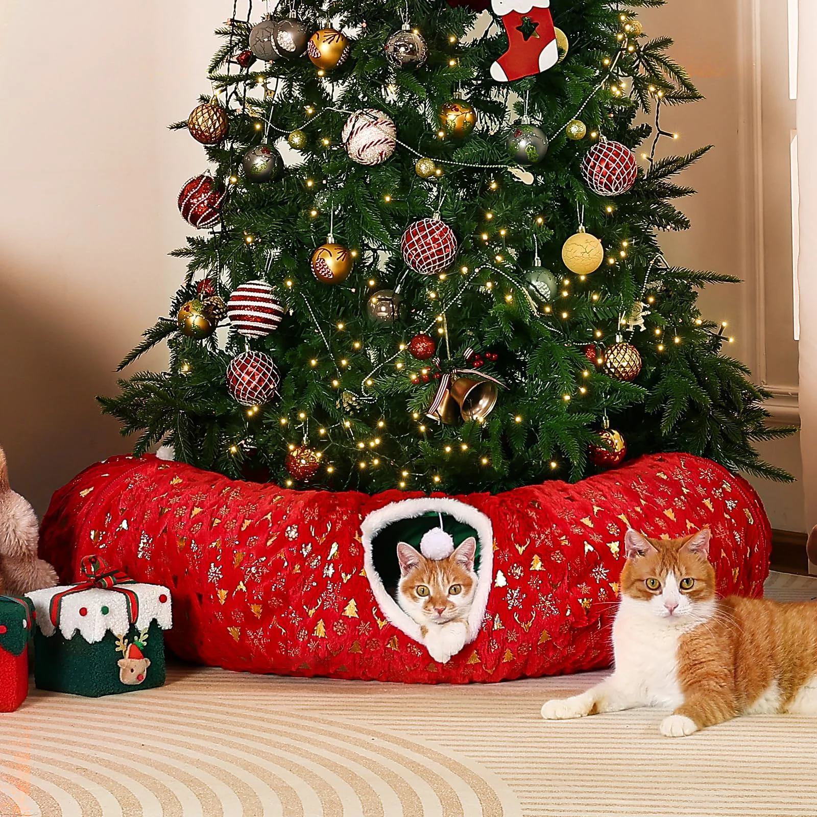 Contemporary Rywell 3-in-1 Cat Tunnel Christmas Tree Skirt – Soft Plush Tunnel Bed for Indoor Cats Versatile