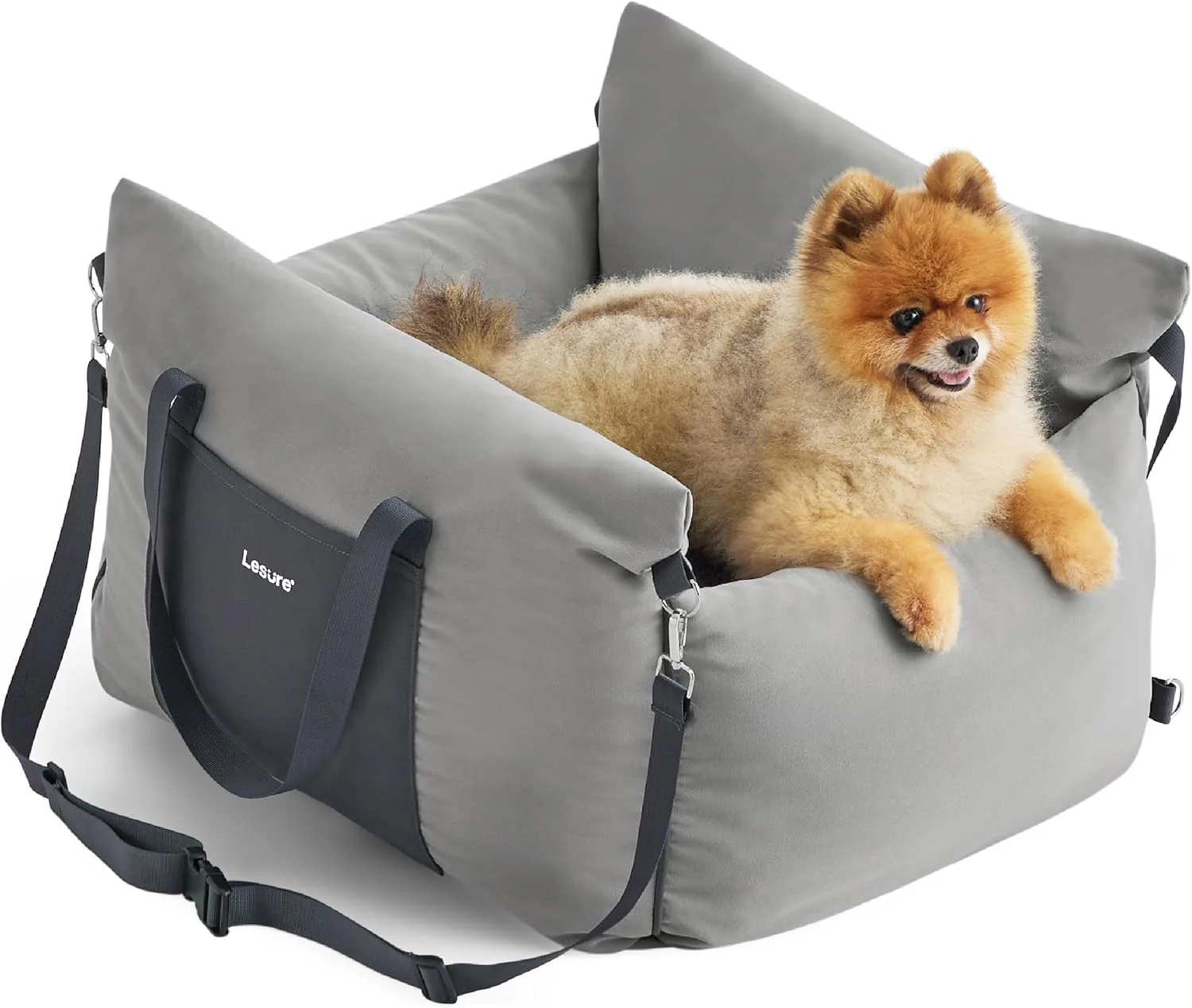 Versatile Lesure Small Dog Car Seat for Small Dogs - Soft Dog Booster Seat for Car with Storage Pocket and Clip-On Safety Leash and Thickened Memory Foam Filling Pet Carseat Travel Carrier Bed Grey Traditional