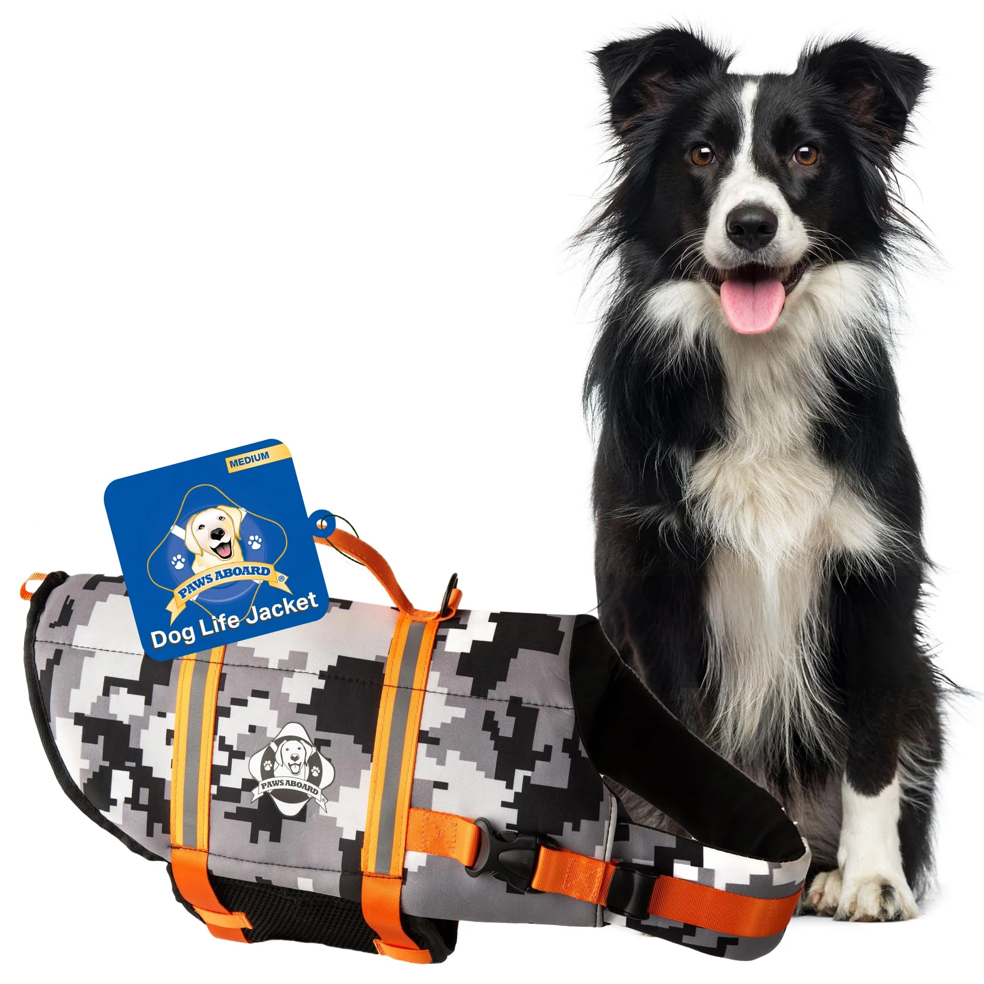 Specialty Paws Aboard Dog Life Jacket – Adjustable Reflective Swim Vest Grey Camo Orange Medium Smooth