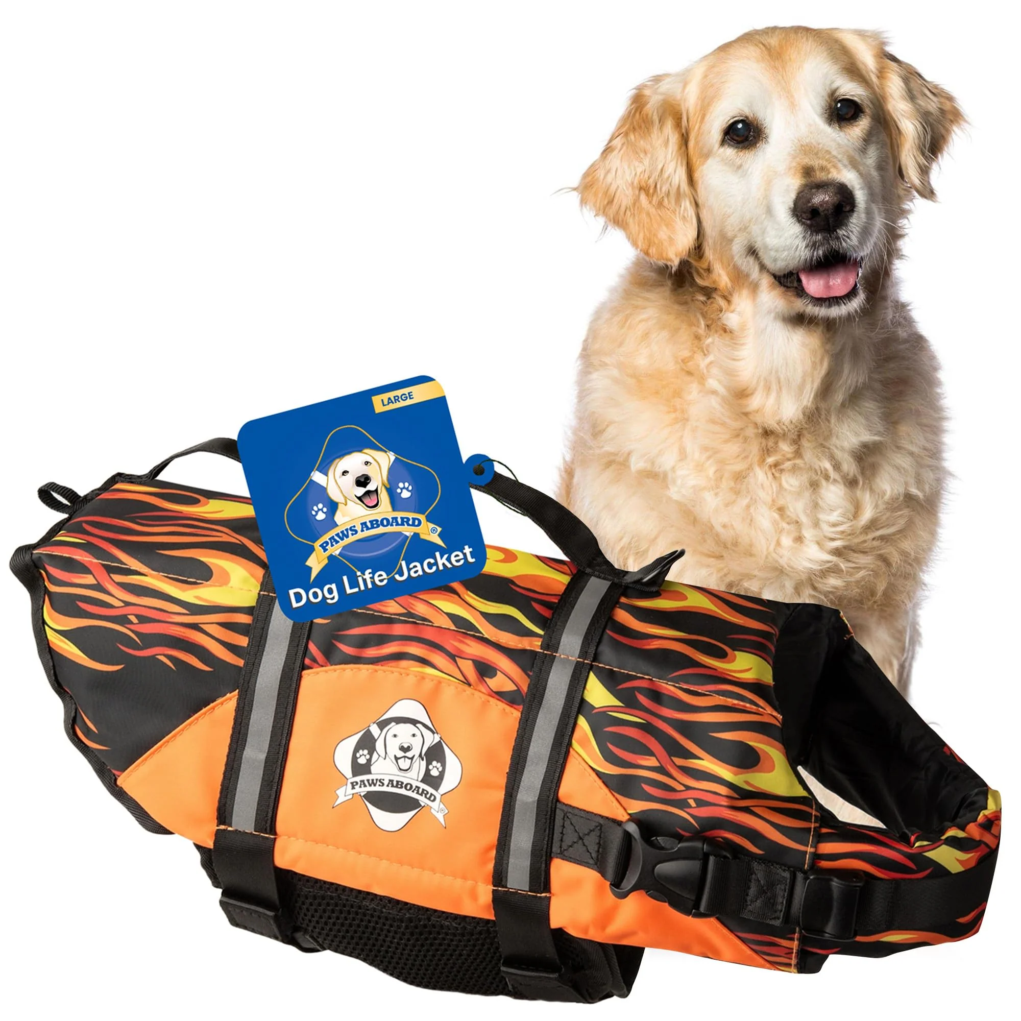 Responsible Paws Aboard Dog Life Jacket – Adjustable Reflective Swim Vest with Handle Racing Flames Large Premium
