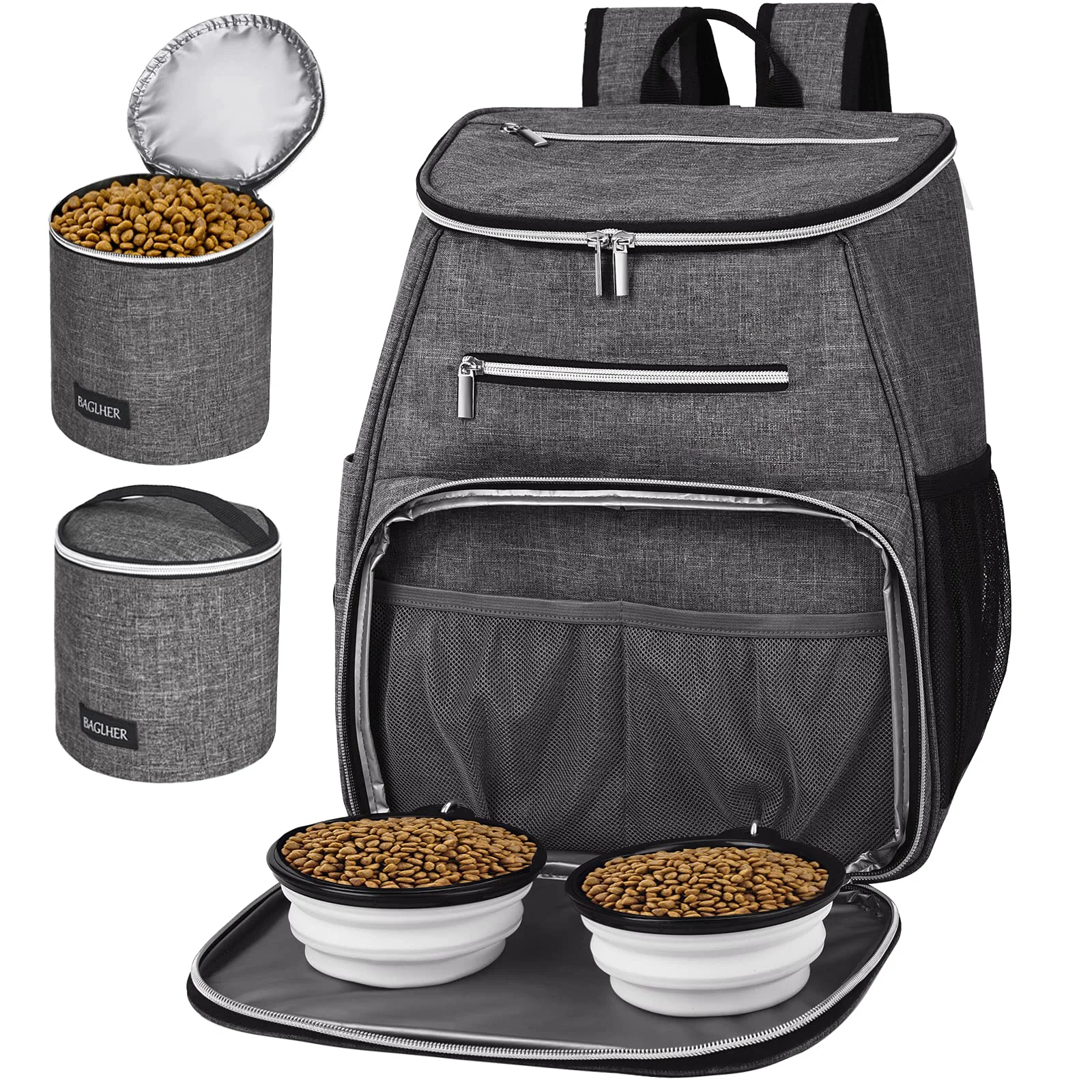 Practical BAGLHER Dog Travel Bag Backpack Airline- Grey Backpack with 2 Silicone Bowls 2 Food Baskets Elite