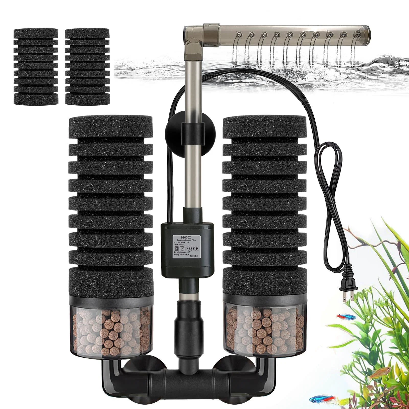 Smooth DEGGOX Upgrade Aquarium Sponge Filter with Submersible Pump — Ultra-Quiet Bio Ceramic Media 2 Sponges 20-55 Gal Eco-Friendly