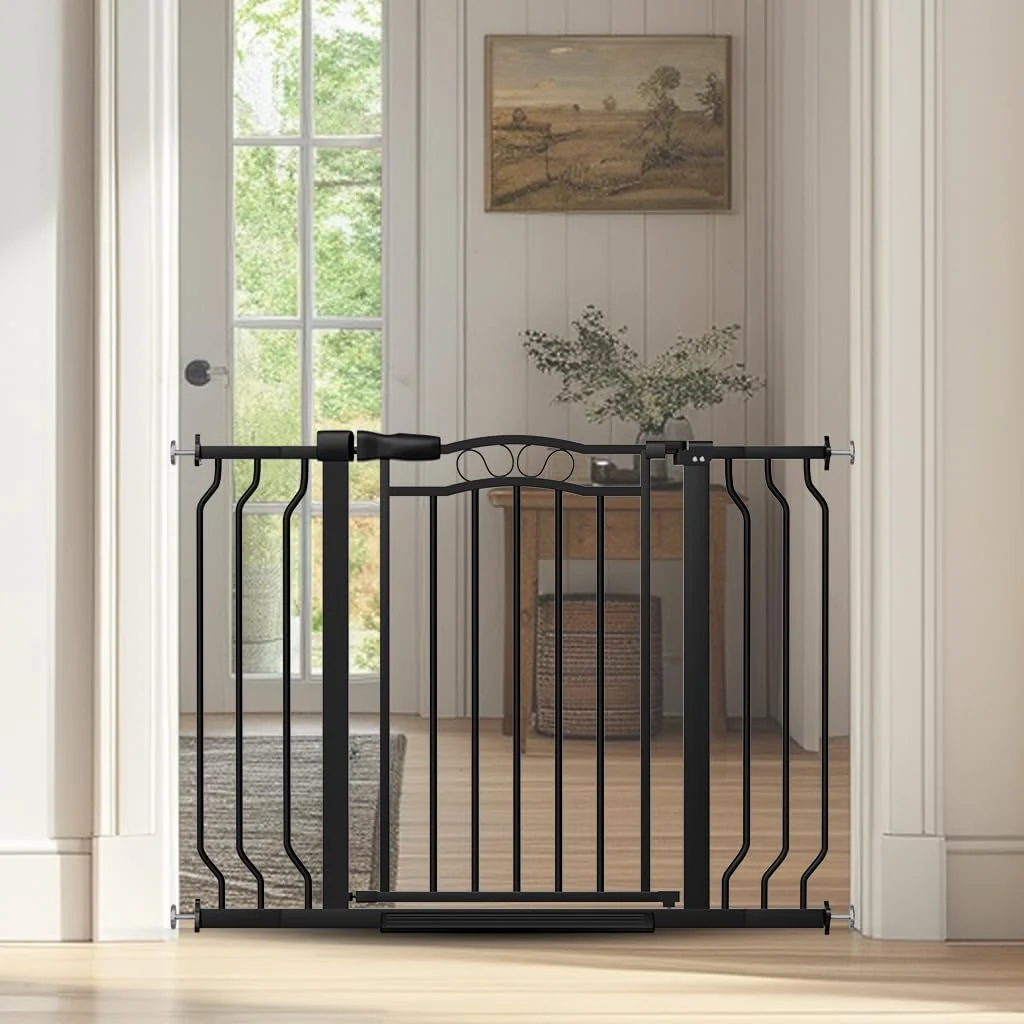 Natural 29.53 -43.30 Mornyray Auto-Close Baby Gate Extra Wide Pressure Mounted Dog Pet Gate for Stairs Doorways No Drill Safety Barrier with Lace Design Metal Child Proof Gate Indoor Outdoor Black Certified