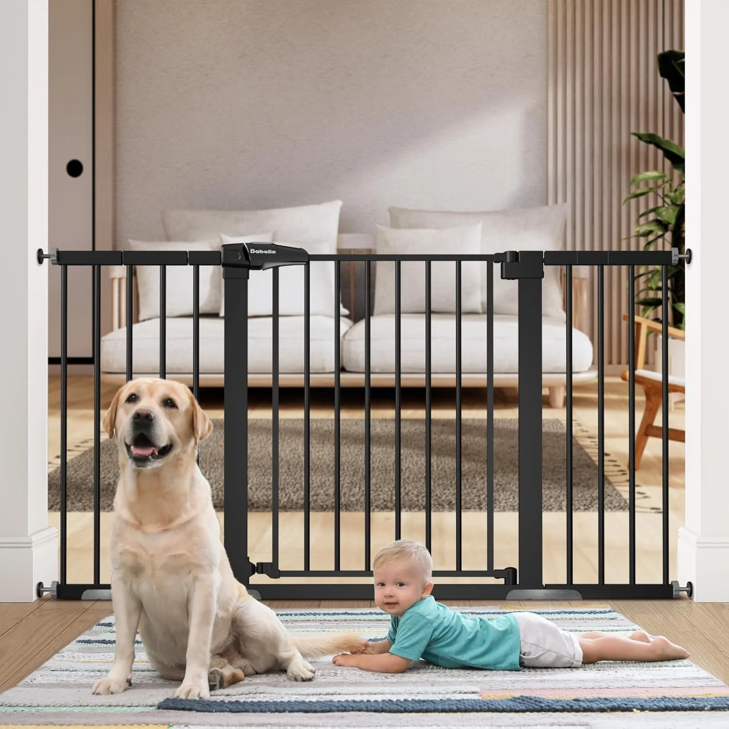Minimalist BABELIO Extra Wide Baby Dog Gate 29-55 Auto Clos for The House and Doorway Safety Pressure Mounted Pet Door NO Need Tools and Drilling Black User-Friendly