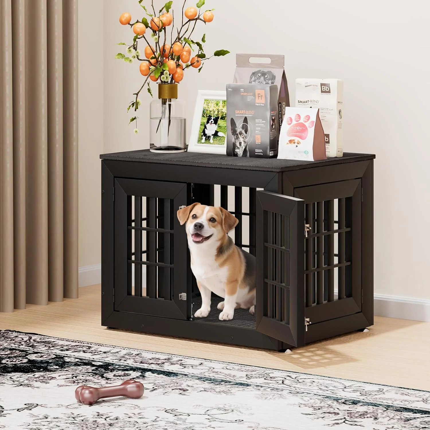 User-Friendly 32 Heavy Duty Dog Crate Furniture for Small Medium and Large Dogs Rustic Wooden Dog Cage Kennel Indoor Furniture with Waterproof Top Decorative Pet House Side End Table Black Grey Artisan
