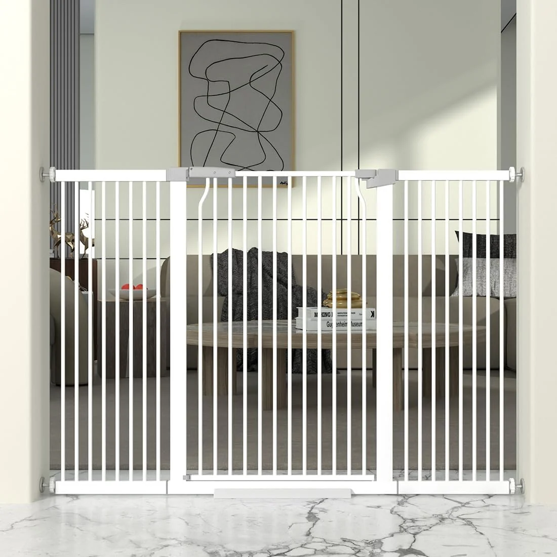Dependable 41 Extra Tall Cat Gate for Doorway 54.5-60.2'' Metal Pet Baby Safe Gate Extra Wide Pressure Mounted Child Door with Expansion Kit No Drilling Baby Gate Indoor No Climb Proof Gate White Efficient