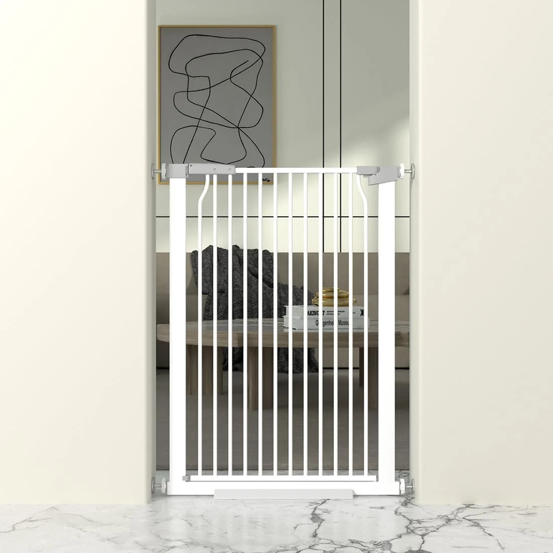 Recyclable 41 Extra Tall Cat Gate for Doorway 29.6-32.5''W Metal Pet Baby Safe Gate Extra Wide Pressure Mounted Baby Gate No Drilling Cat Fence Indoor Tall Dog Gate White Fashionable