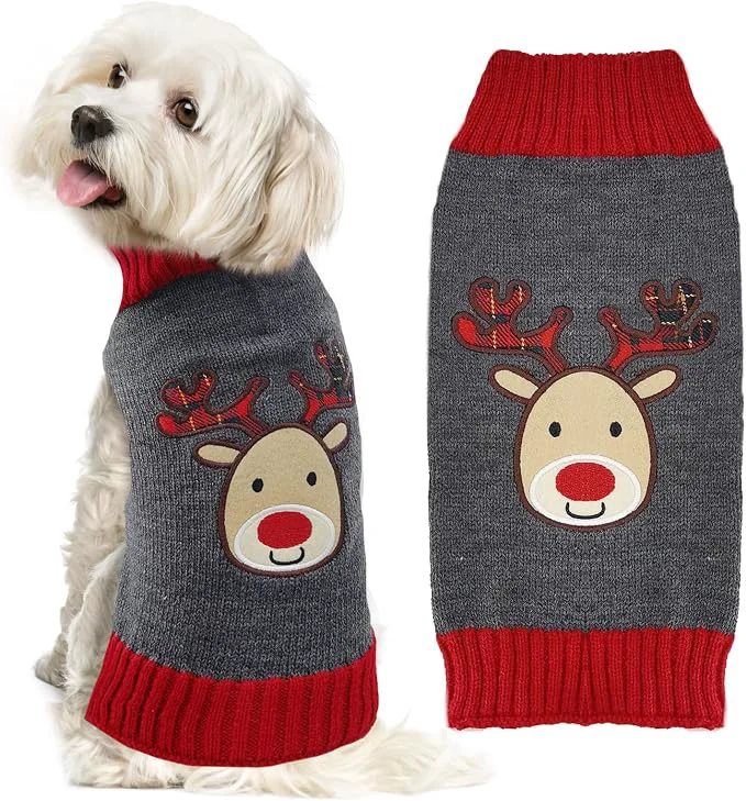 Top-Quality Dog Christmas Sweater Xmas Pet Clothes Cute Gray Reindeer Holiday Puppy Cat Unique