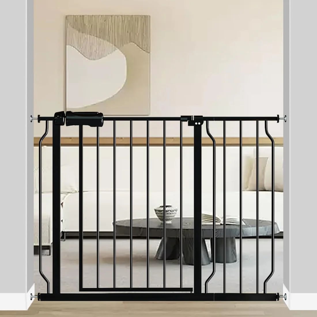Crafted Fairy Baby Walk Through Baby Gate 38.5-43.5 Inch Wide Pressure Mounted Safety Gate with Door No Drill Black Tension Metal Gate for Dog and Toddler Breathable