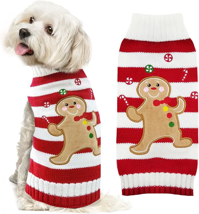 Easy-to-Use Dog Christmas Sweater Xmas Pet Clothes Cute Striped Gingerbread Man Costume Safe