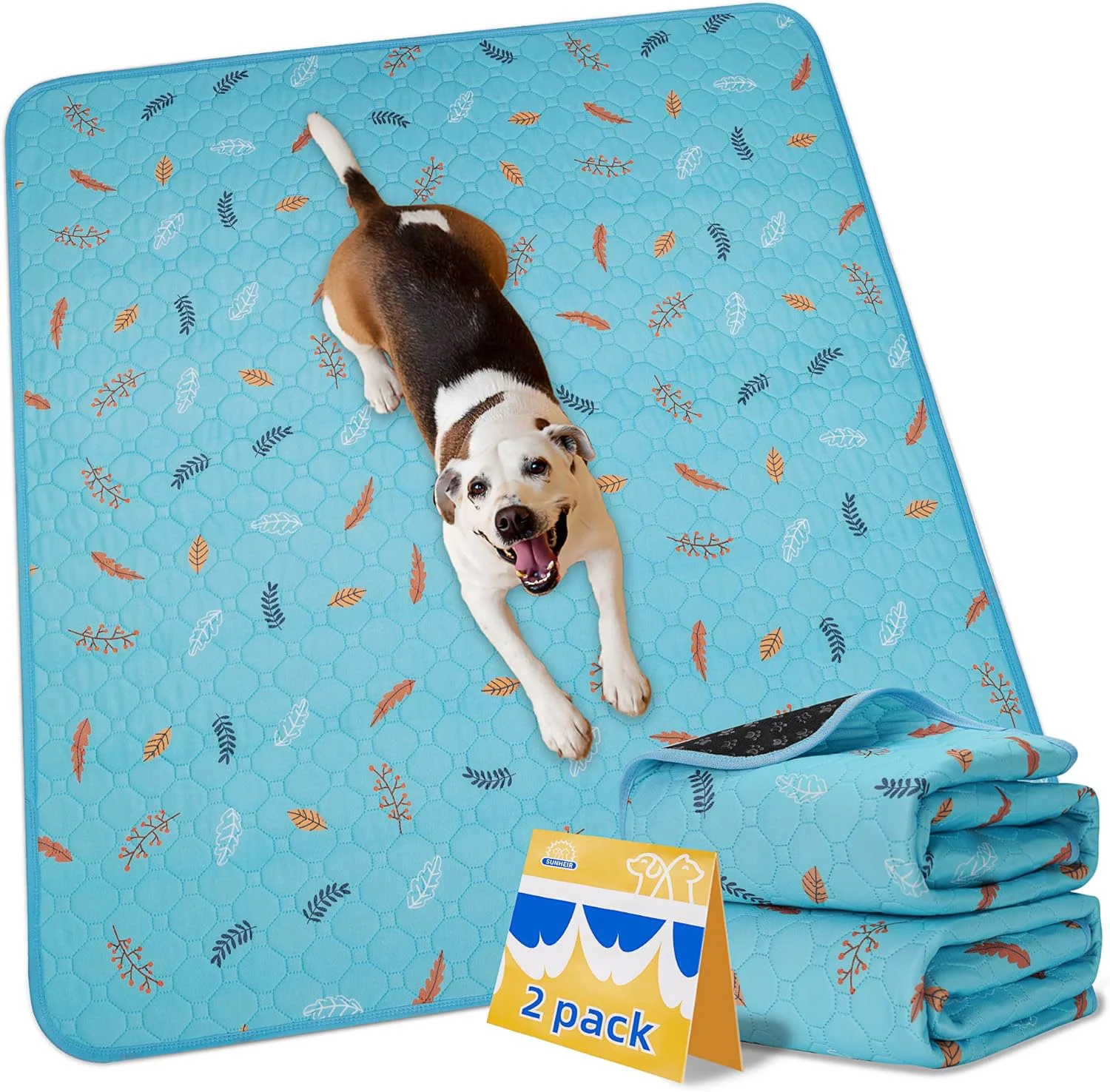 World-Class Sunheir Washable Pee Pads for Dogs 2-Pack Reusable Puppy Pads Pet Training Pads Waterproof Dog Pee Pads for Crate Whelping Pad Non-Slip Protects Against Urine Leakage Leaves - Sky Blue 24x36 Dependable