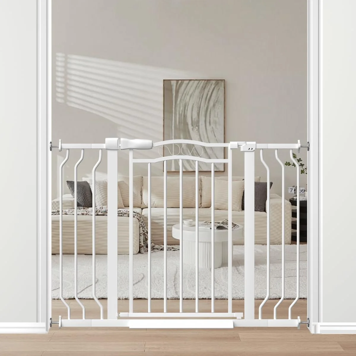 Clean 29.9-43.7 in Wide Baby Gate for Stairs Doorways Auto Close Child Safety Gates Indoor for Dogs Pets Pressure Mounted Metal Barrier Kids Toddler Door Walk Through 30 Tall White Top-Quality