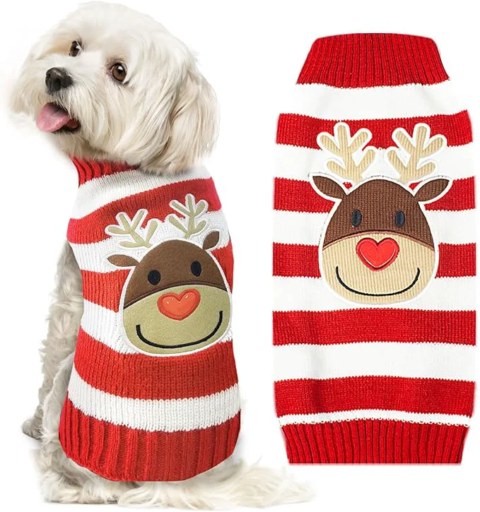 Solid Dog Christmas Sweater Cute Striped Reindeer Xmas Pet Clothes Holiday Puppy Cat Pure