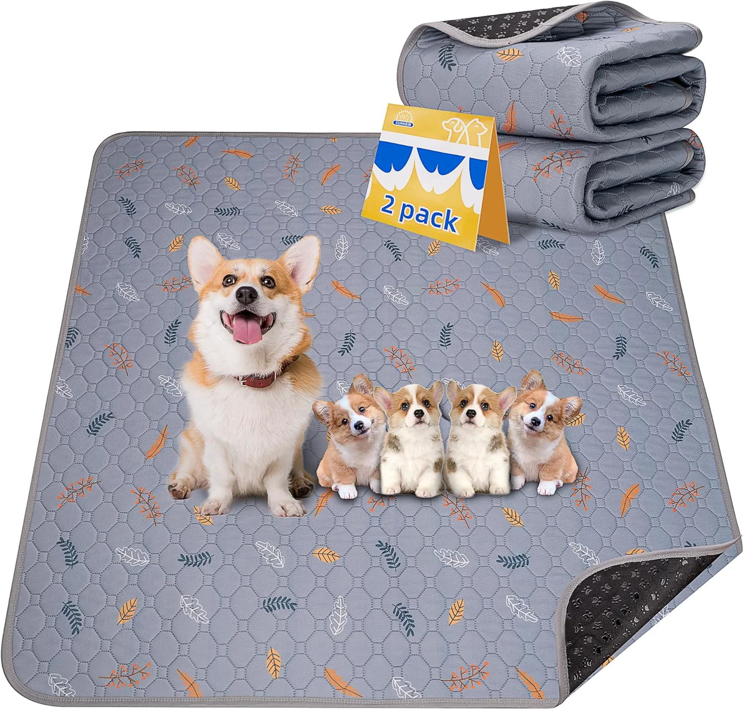 Consistent Sunheir Washable Pee Pads for Dogs 2-Pack Reusable Puppy Pads Pet Training Pads Waterproof Dog Pee Pads for Crate Whelping Pad Non-Slip Protects Against Urine Leakage Leaves - Light Grey 31x36 Organic