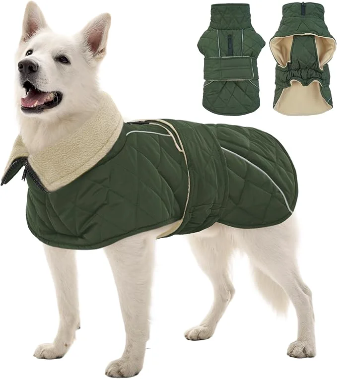Versatile Kuoser Dog Coat Super-Warm Dog Jacket Windproof Pet Cold Weather Coats for Extra Large Dogs Fleece Lining Quilted Turtleneck Puppy Snowsuit Reflective Adjustable Doggie Winter Clothes Green 2XLAbout ThisOverview Modern