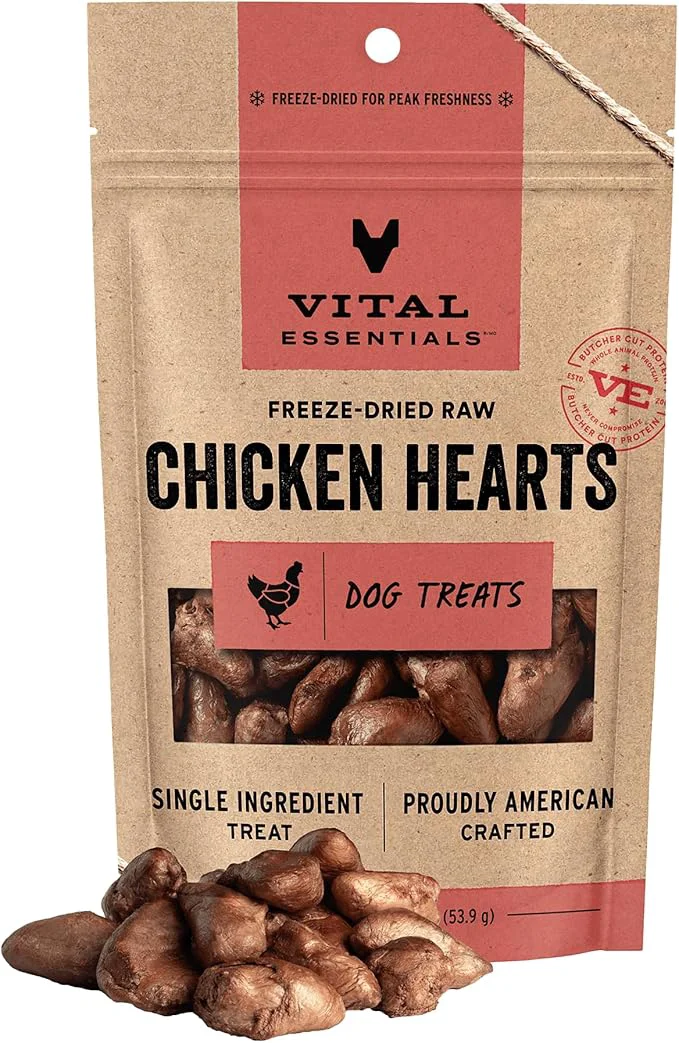 Vital Essentials Single Ingredient Chicken Hearts Dog Treats 1.9 oz ze-Dried Raw Premium Quality High Protein Training Treats Grain Gluten Filler About This Artisan